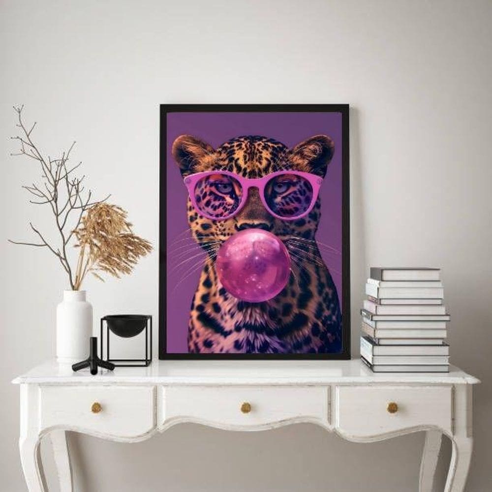 Quadro Onça Rosa Roxo Bubble Gum 24X18Cm - Com Vidro
