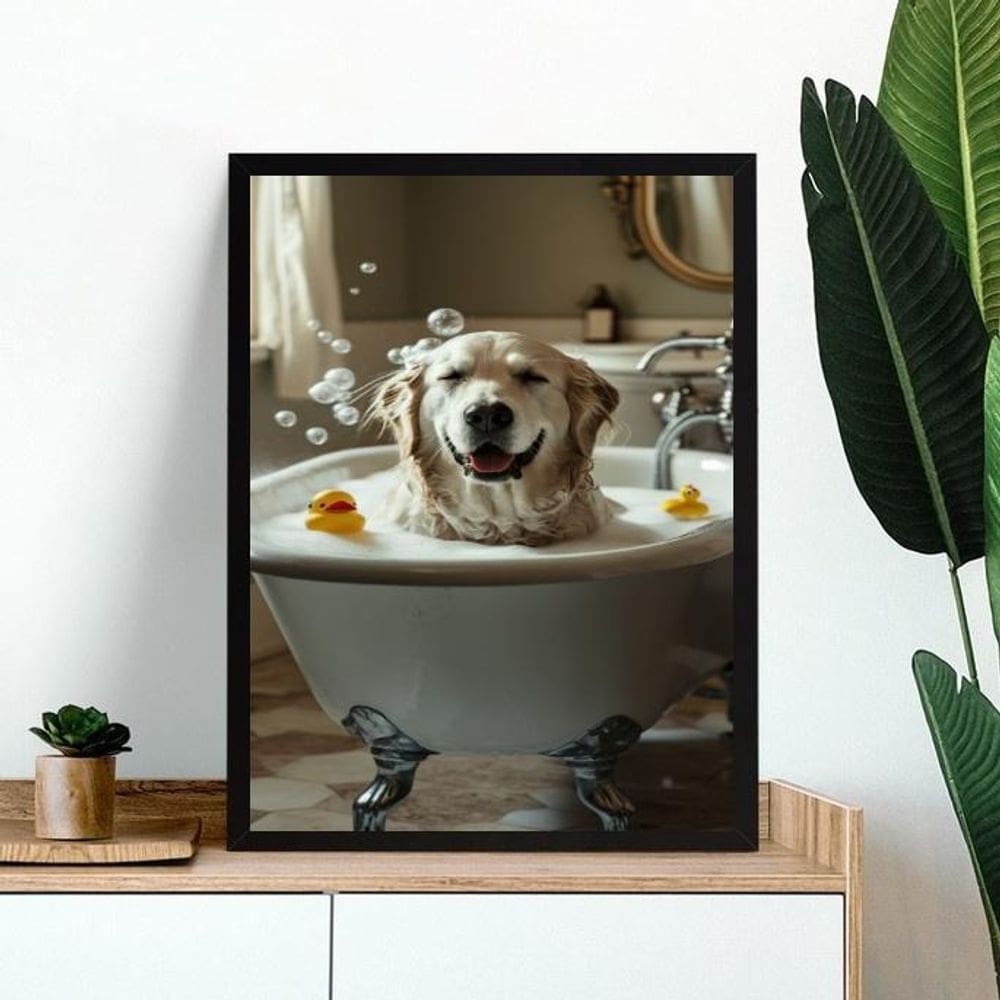 Quadro Divertido Banheiro - Cão Labrador Banho 45X34Cm Vidro
