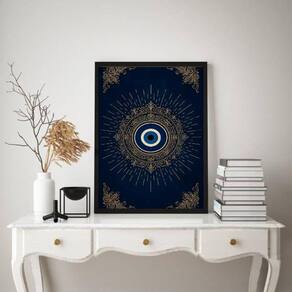 Quadro Mistico Mandala Olho Grego Azul Dourado 45X34Cm Vidro