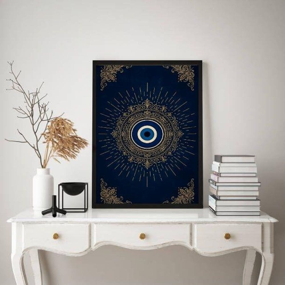 Quadro Mistico Mandala Olho Grego Azul Dourado 33X24Cm Vidro