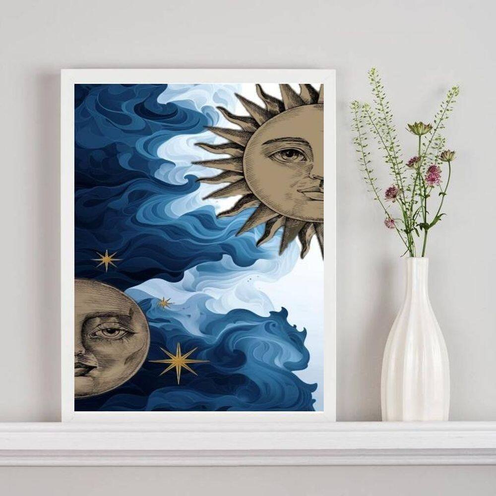 Quadro Mistico Sol E Lua - Metades Aquarela 45X34Cm - Vidro