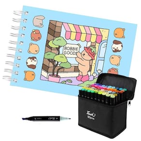 Livrinho de Pintar Colorir Canetinha 60 Cores Caneta Ponta Dupla Livro Estojo Bolsa Desenho Pintura Arte