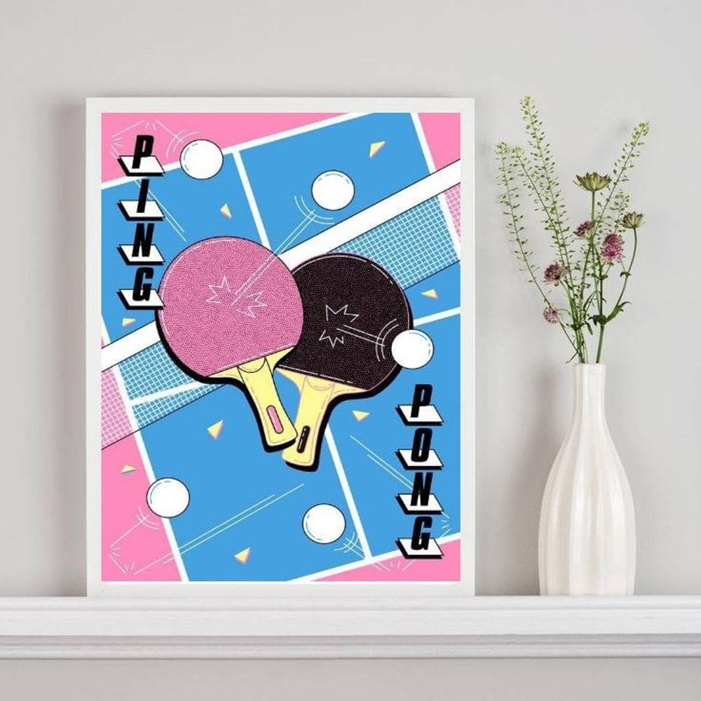 Quadro Decorativo Ping Pong - Azul E Rosa 33X24Cm - Vidro