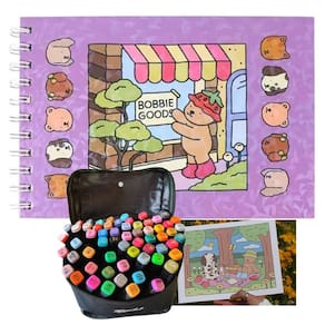 Livrinho de Colorir Canetinha 60 Cores Ponta Dupla Livro Pintura Arte Caneta Estojo Bolsa Desenho Diversao Lazer