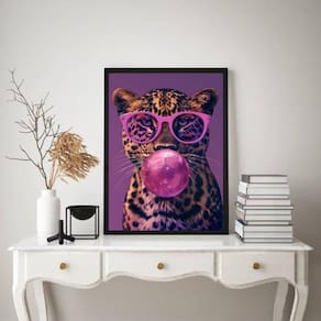 Quadro Onça Rosa Roxo Bubble Gum 33X24Cm - Com Vidro