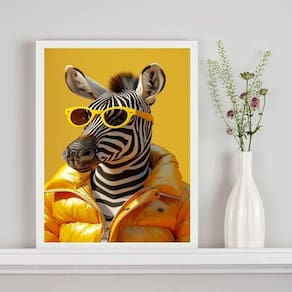 Quadro Zebra Fashion De Óculos Amarelo 33X24Cm