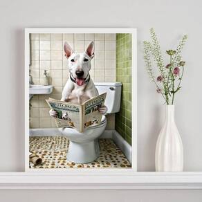 Quadro Divertido De Banheiro - Bull Terrier Jornal 45X34Cm