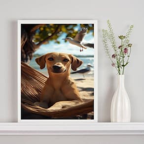 Quadro Decorativo Cachorro Caramelo Na Praia 45X34Cm