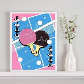 Quadro Decorativo Ping Pong - Azul E Rosa 45X34Cm - Vidro