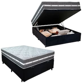 Cama Box Baú Casal Suede + Colchão Anjos Black Graphite Molas Ensacadas 138x188x64cm