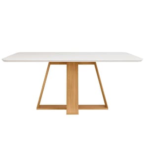Mesa de Sala Jantar Kiara c/ Tampo Madeirado Vidro Curvo 160x90cm Cedro/Off White - DJ Móveis
