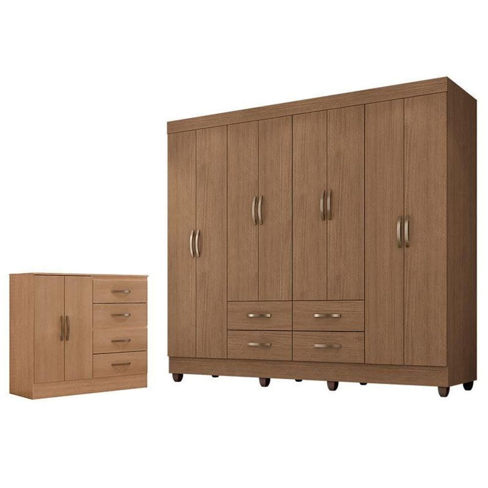 Guarda Roupa Casal Porto Com Cômoda Lite 4 Gavetas 2 Portas Carvalho Oak Móveis Leão