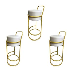 Kit 3 Banquetas Alta Redonda Base Dourada Veludo Bege