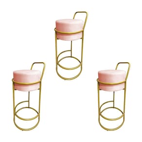 Kit 3 Banquetas Alta Redonda Base Dourada Veludo Rose