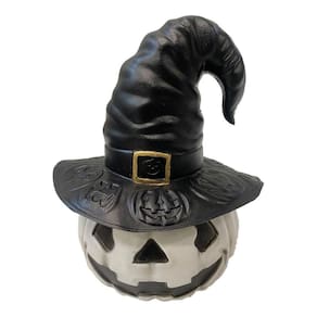 Enfeite Abóbora Sorridente Com Chapéu 30Cm Branco Halloween