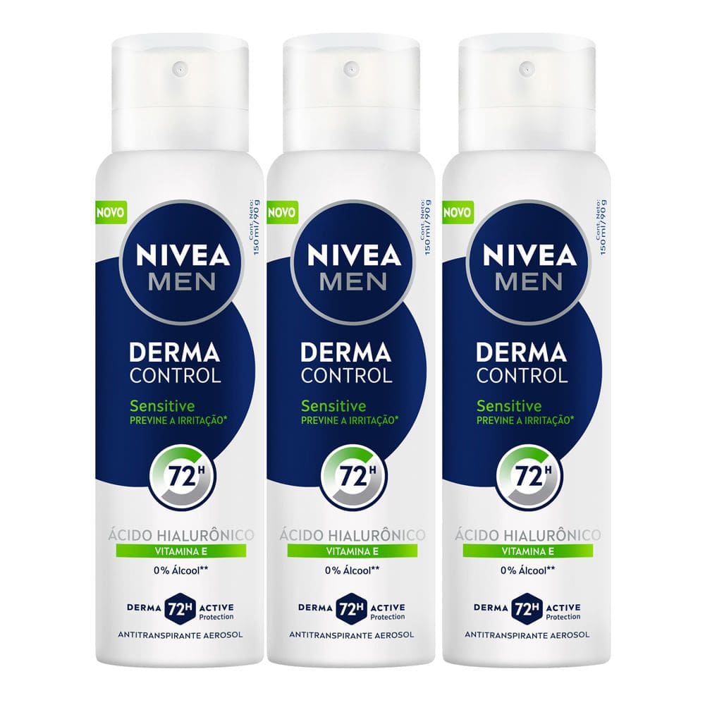 Kit 3 Desodorante Nivea Men Derma Control Sensitive Aerossol 72h Antitranspirante 150ml