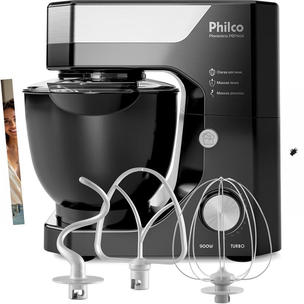 Batedeira Planetária Philco PBP90A 900W 12 Velocidades 5L Batedores Aço Inox