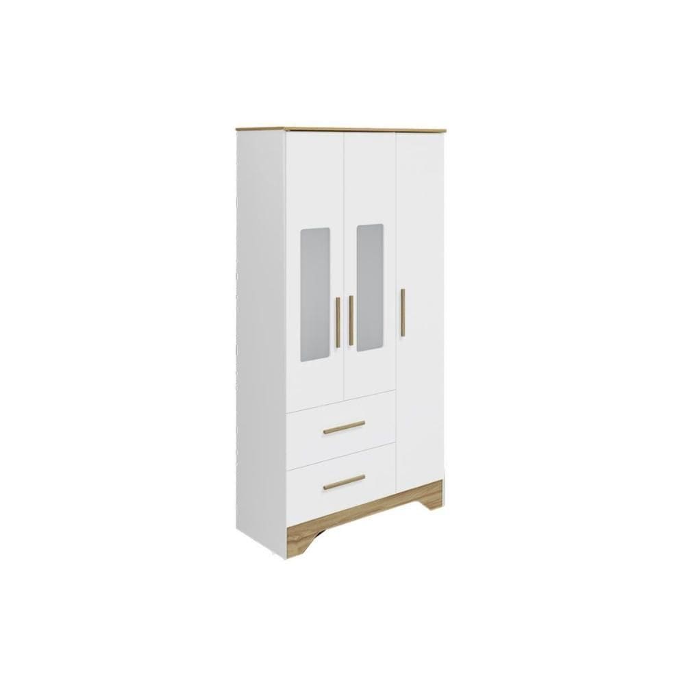 Guarda Roupa Bebê c/ 3 Portas (2 Cristal) e 2 Gavetas Popy Retrô Branco/Amendoa - Peroba
