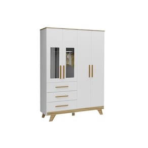 Guarda Roupa Bebê c/ 4 Portas (2 Cristal) e 4 Gavetas Retrô Branco/Amendoa - Peroba