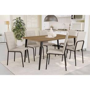 Conjunto: Mesa Sala Jantar Iguaçu c/ Tampo de Madeira 1.36cm e 6 Cadeiras Amsterdã Preto Fosco/Courano Branco - Kappesberg