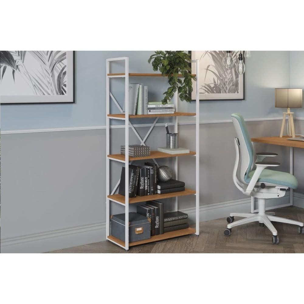 Estante Livreiro Casal Industrial Alta LI006 Aço c/ 5 Prateleiras 72x152cm Canela/Branco - Kappesberg