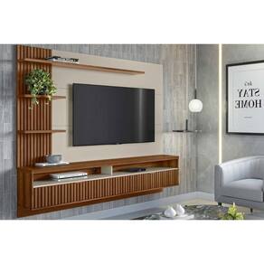 Painel Quarto p/ TV até 65 Pol Araruna c/ 2 Porta e 3 Prateleiras 200x170cm Freijó/Off White - Linea Brasil
