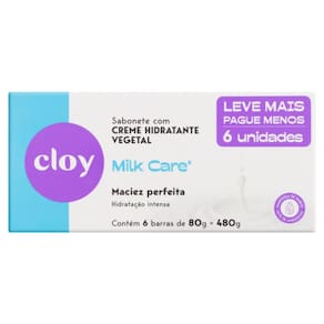 Sabonete em Barra Milk Care Cloy com Creme Hidratante Vegetal Maciez Perfeita 6 Unidades de 80g cada