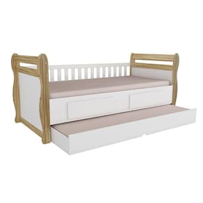 Bicama Solteiro de Babá Maria c/ 2 Gavetas e Auxiliar Branco/Amendoa - Peroba