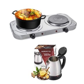 Kit Fogão Elétrico 2 Bocas + Chaleira 110V Inox 1,8L