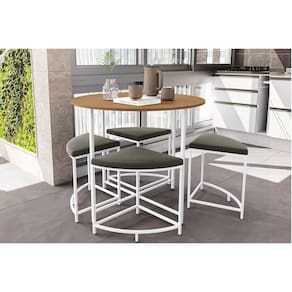 Mesa de Sala Jantar LI038 c/ Tampo Madeirado 90 cm + 4 Banquetas Canela/Branco - Kappesberg