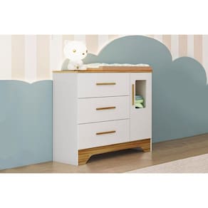 Cômoda Bebê Popy c/ 1 Porta Cristal e 3 Gavetas Branco/Amendoa - Peroba