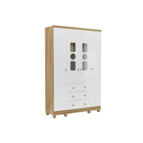 Guarda Roupa Bebê c/ 4 Portas (2 Cristal) e 3 Gavetas Tedy Branco/Amendoa - Peroba