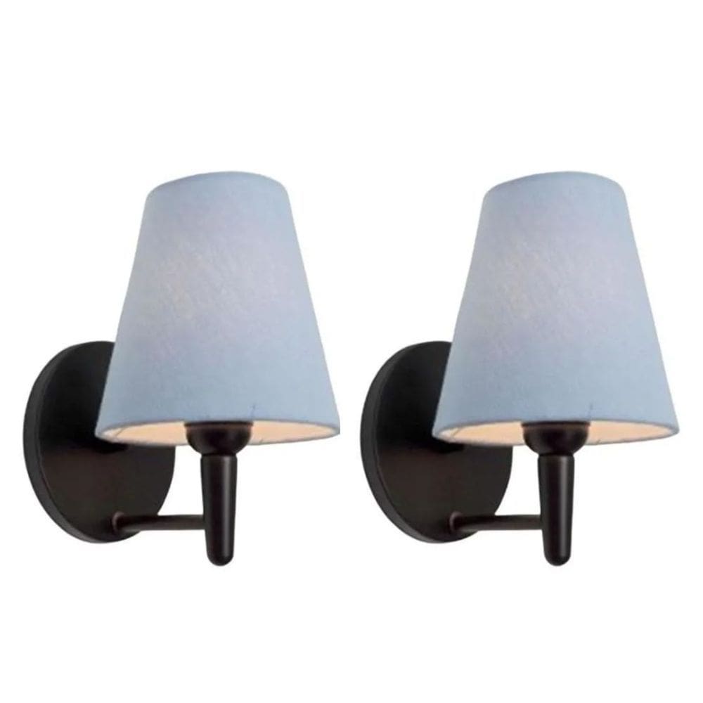 Kit/2 Arandela Cone Md-2004 Base Preto Cúpula em Tecido 14/14x07cm Azul Bebê - Bivolt