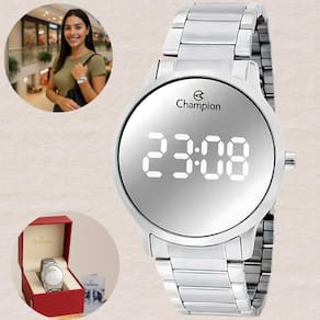 Relógio Champion CH40115Q Feminino Redondo Digital Prova D`água 50 Metros 5 ATM Moderno Aço Inox Prateado Espelhado
