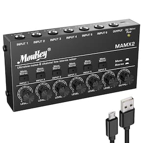 Mixer de áudio Moukey MAMX2 Misturador de linha estéreo de 6 canais DC 5V