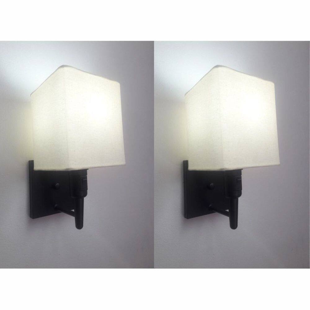 Kit/2 Arandela Quadrada Md-2019 Preto C/ Inter Liga e Desl Cúpula em Tecido Algodão Crú - Bivolt