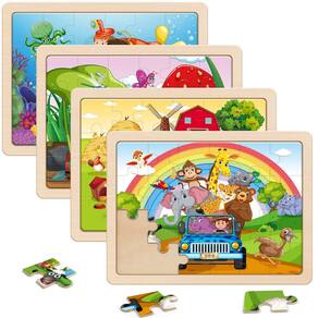 Quebra-cabeças de madeira SYNARRY Large Animals 4 em 1 para crianças de 3 a 8 anos