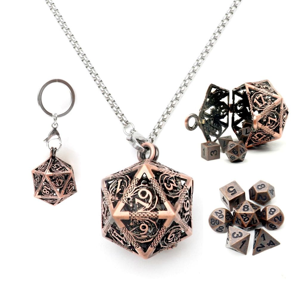 Colar Mini Dice Set Haxtec Copper Hollow D20 Metal DND