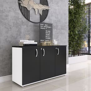 Armário para Escritório 3 Portas Credenza Branco/Preto