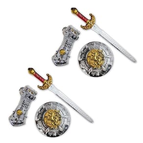 2 Kits Medieval Espada Manopla Luta Escudo Redondo Infantil