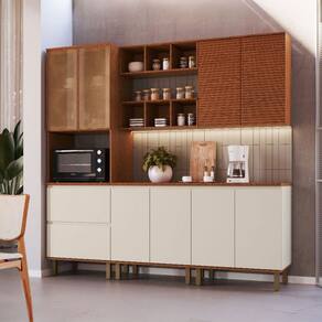 Cozinha Completa Vermont 8 Portas 2 Gavetas 100% Mdf Ripado com Vidro Off White/Canela - Pnr Móveis
