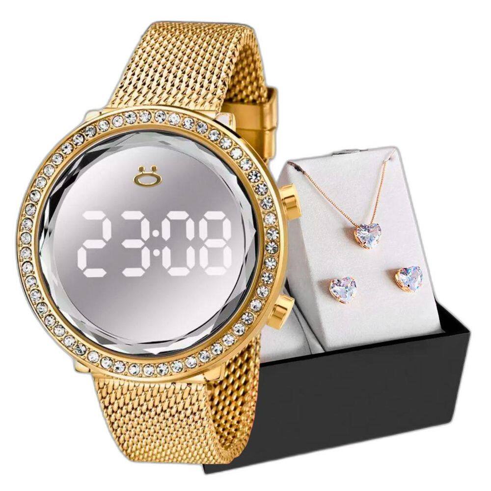 Relogio Digital Aço Feminino + Caixa + Colar Brinco Strass