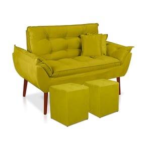 kit 01 Namoradeira Opala 02 lugares + 02 Puff quadrado + 02 Almofadas Suede Amarelo Sala, Salão, recepção, quarto