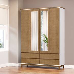 Guarda Roupa Bipartido 4 Portas e 4 Gavetas Linha Prata Madeira Maciça e MDF 2813BFN Off White Freijó Finestra