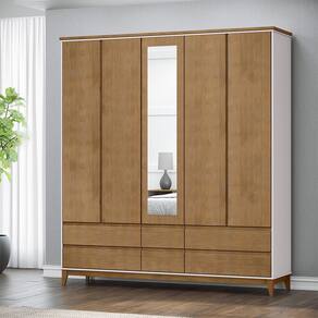 Guarda Roupa Roupeiro 5 Portas 6 Gavetas Linha Prata Madeira Maciça e MDF 2814BFN Off White Freijó Finestra