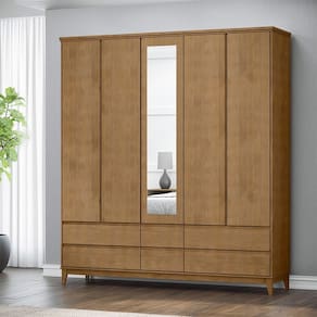 Guarda Roupa Roupeiro 5 Portas 6 Gavetas Linha Prata Madeira Maciça e MDF 2814FN Freijó Finestra