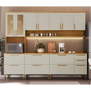 Cozinha Completa Modulada 5 Peças com Vidro Reflecta 265cm 100% Mdf Estônia Espresso Móveis Amêndoa/Off White