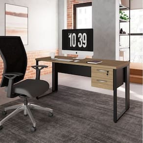 Mesa para Escritório Retangular com Gaveteiro Suspenso com Chave Macadâmia/Preto