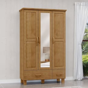 Guarda Roupa Roupeiro 3 Portas 2 Gavetas com Espelho Linha Bronze Madeira Maciça 1141FN Freijó Finestra