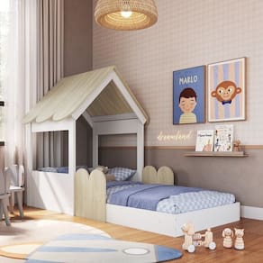 Cama Montessoriana Casinha com Colchão Incluso Branco/Carvalho Araguaia